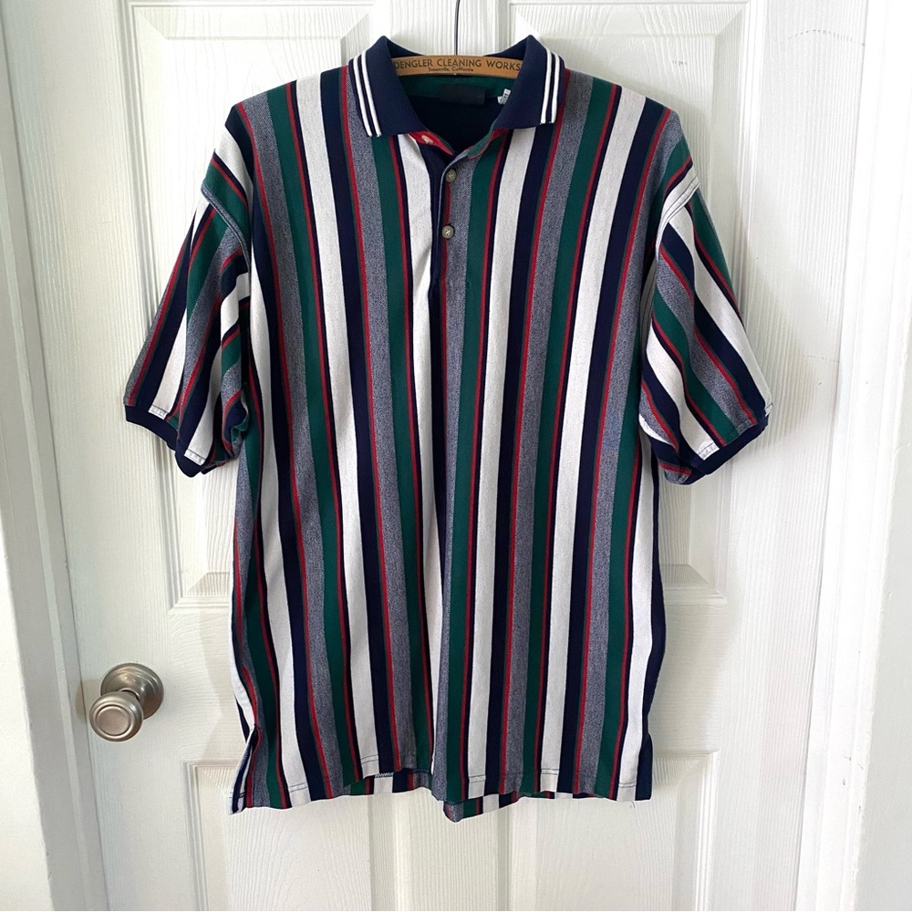 Bugle Boy Vintage Polo Shirt Mens S Green Blue Striped Short Sleeve Preppy